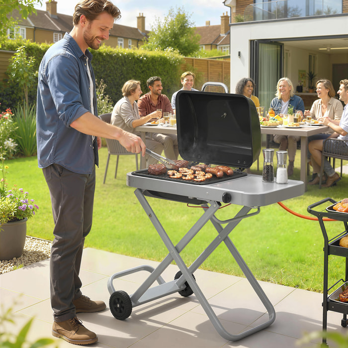 Outsunny Barbacoa de Gas Plegable, BBQ Gas con Quemador 2,5 kW, Barbacoa Portátil con Termómetro, Mesa Lateral, Parrilla de Hierro Fundido, Recogedor Grasa y 2 Ruedas para Jardín, Camping, Negro