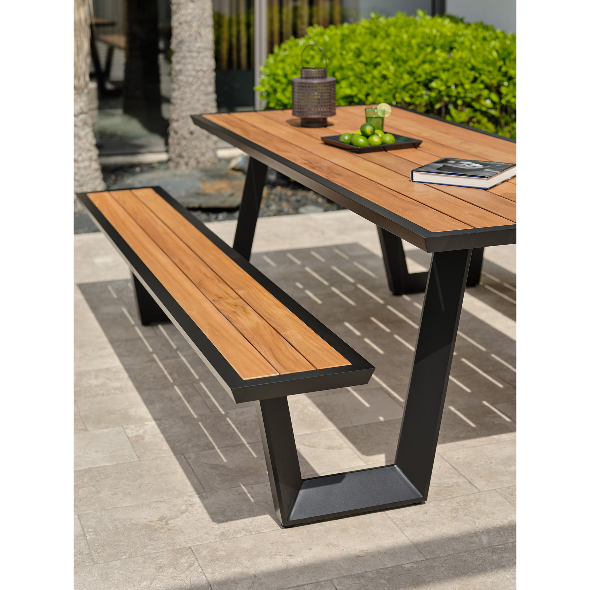 TORONTO - Table avec bancs en aluminium gris anthracite et teck