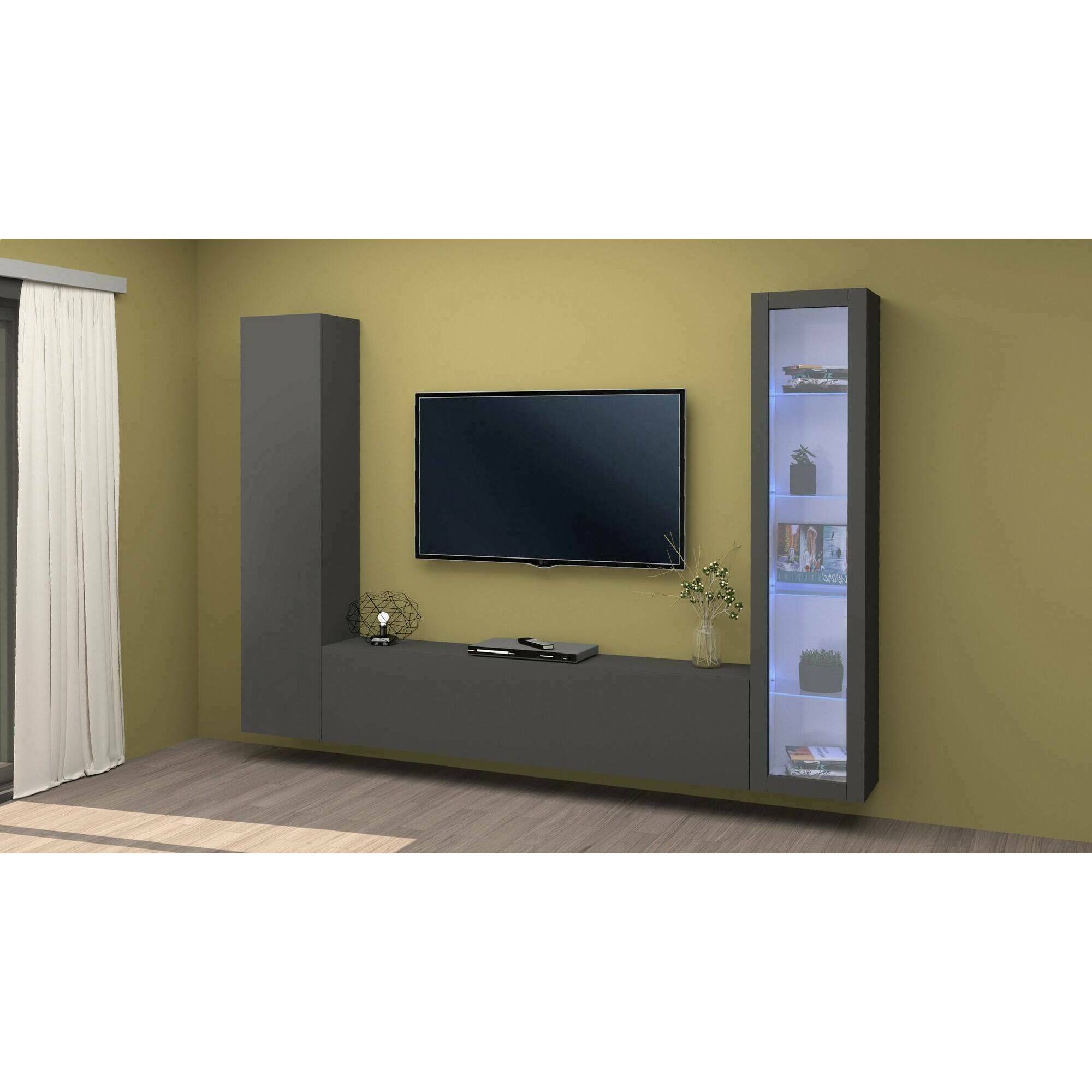 Parete attrezzata Girolamo, Set salotto porta TV a 3 ante, Mobile soggiorno multiuso con vetrina e luce LED, 100% Made in Italy, cm 260x30h180, Antracite