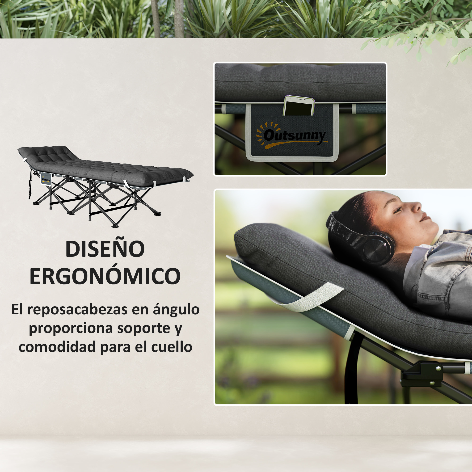 Cama Plegable Camping Cama de Acampada Portátil Tumbona de Camping con Reposacabezas Colchón Extraíble y Bolsa de Transporte Carga 150 kg para Playa Senderismo 196x68x37 cm Gris Oscuro