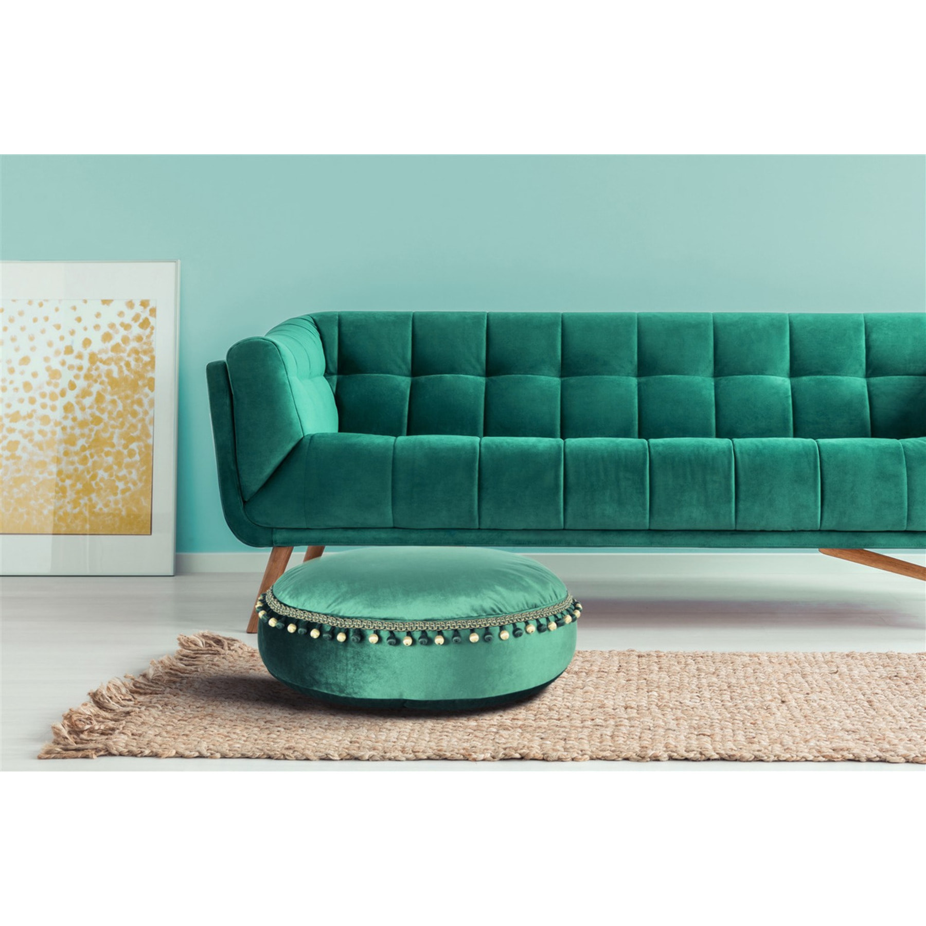 Pouf Rotondo Taj Mahal in Velluto Verde con Pompom