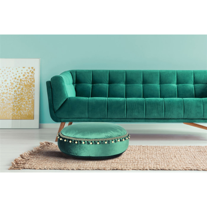 Pouf Rotondo Taj Mahal in Velluto Verde con Pompom