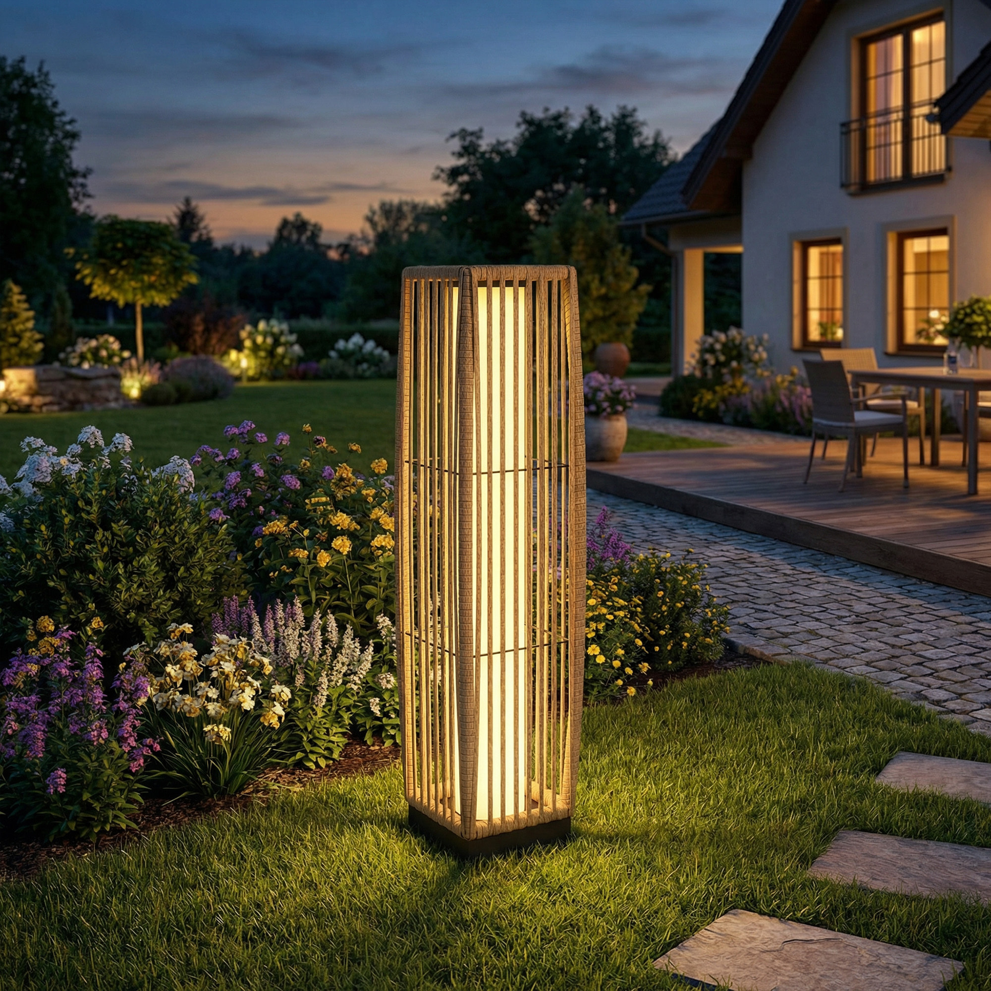Linterna de Jardín de Ratán, Farola Solar Exterior con Luces LED Encendido y Apagado Automático, Impermeable, IP44, Lámpara de pie para Terraza, Balcón, Patio, 19x19x68 cm, Arena