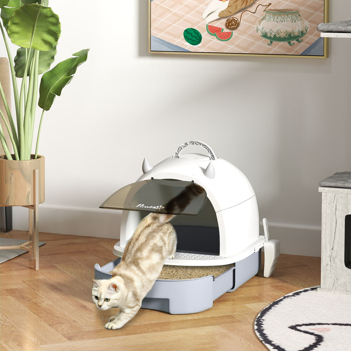 Maison de toilette chat design - porte fumée, pelle, 2 sacs désodorisation, tiroir litière coulissant, poignée - blanc gris