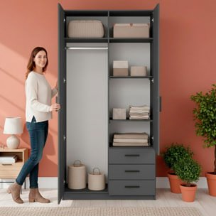 Armadio Con 2 Ante E 3 Cassetti Armadietto Multiuso Con Barra Appendiabiti E 4 Ripiani Di Cui 2 Regolabili Design 98.5x49.8x200.4 Cm Grigio Scuro