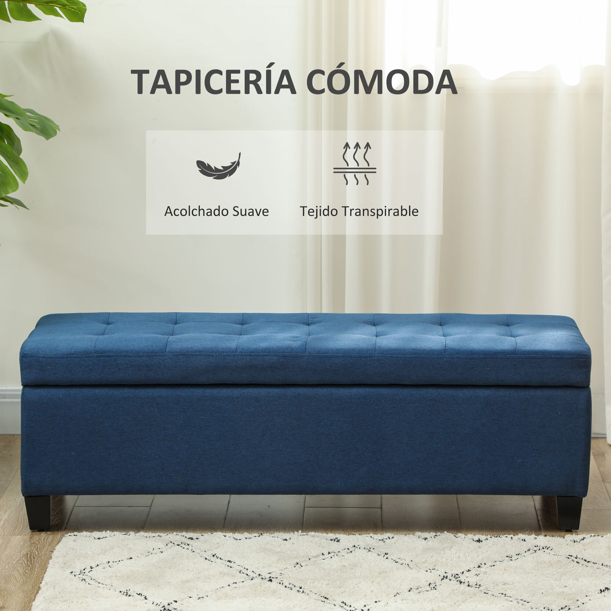 Banco de Almacenamiento Acolchado Puff de Almacenaje Taburete Tapizado en Lino con Tapa Abatible para Salón Entrada Dormitorio Carga 120 kg 125x49x41,5 cm Azul