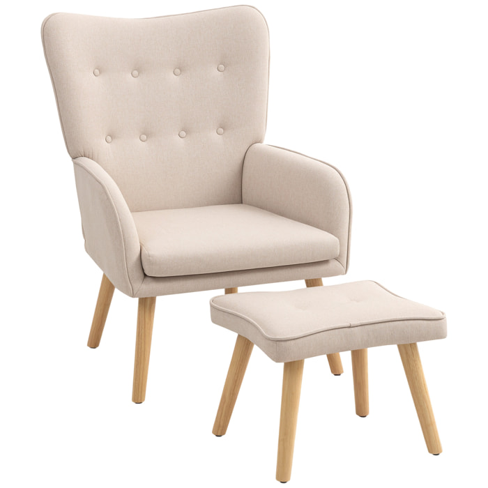 Sillón con Reposapiés Sillón Lectura con Respaldo Alto Capitoné Patas de Madera y Tapizado en Lino Butaca para Salón Dormitorio Oficina Beige