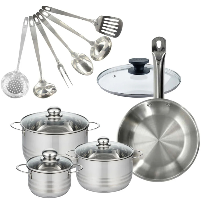 Set 1 poêle 28 cm en inox et couvercle, 3 faitouts inox 16, 20 et 24 cm et 6 ustensiles inox Fackelmann Eterna