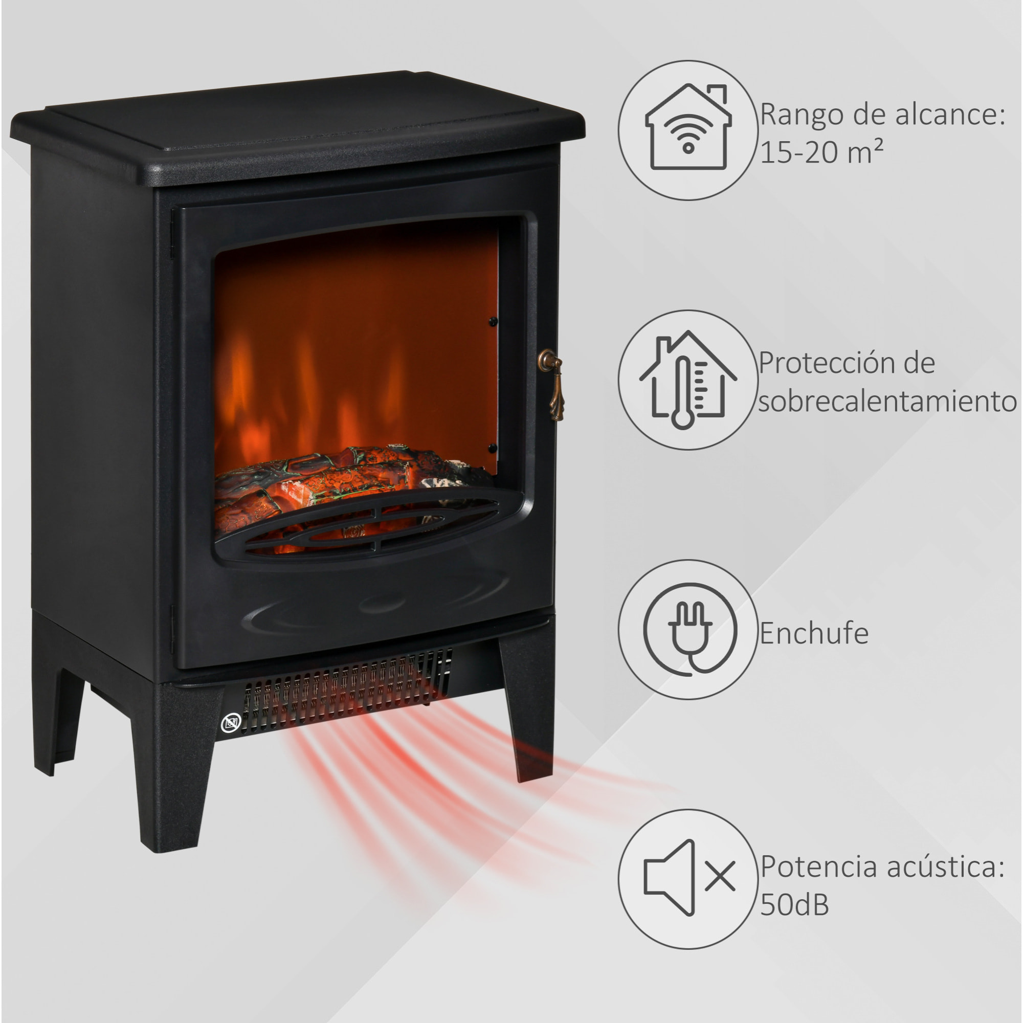 Chimenea Eléctrica Portátil de 900/1800W con Efecto de Llama Termostato Ajustable y Protección Sobrecalentamiento hasta 20 m² 39x26x54,8 cm Negro