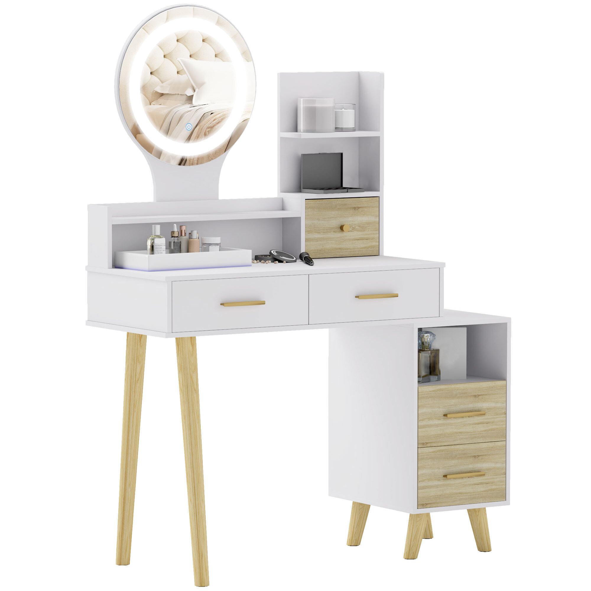 Tocador de Maquillaje con Espejo y Luces LED Mesa de Maquillaje con Iluminación Ajustable 5 Cajones y 4 Compartimentos Tocador para Dormitorio Salón Blanco