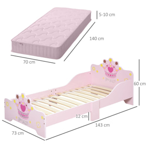 Cama para Niños de +3 Años 143x73x60 cm Cama Infantil de Madera con Estampado de Corona Carga 50 kg para Dormitorio Rosa