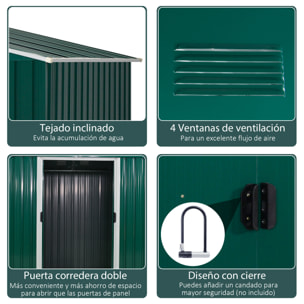 Caseta de Jardín de 4,1 m² 236x174x190 cm Cobertizo Exterior para Almacenar Herramientas con Puertas Correderas y 4 Ventanas para Terraza Patio Verde