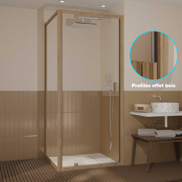 Porte de Douche Pivotante et Retour 90x90x200cm - Profilés Alu Effet Bois - Verre Trempé 6mm
