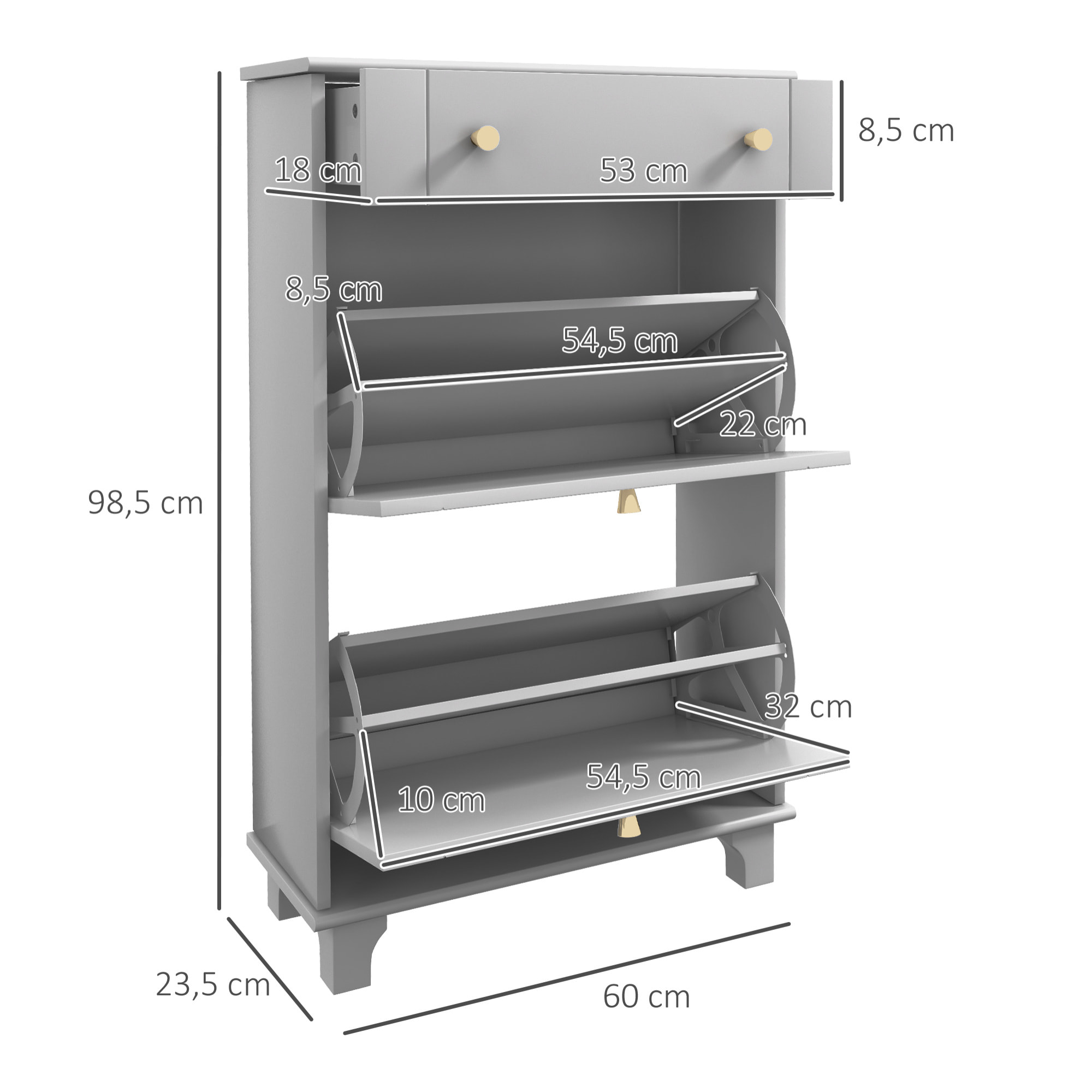 Mueble Zapatero Estrecho Zapatero Entrada Recibidor con 2 Cajones Abatibles y 1 Cajón Extraíble para 8 Pares de Zapatos para Pasillo 60x23,5x98,5 cm Gris