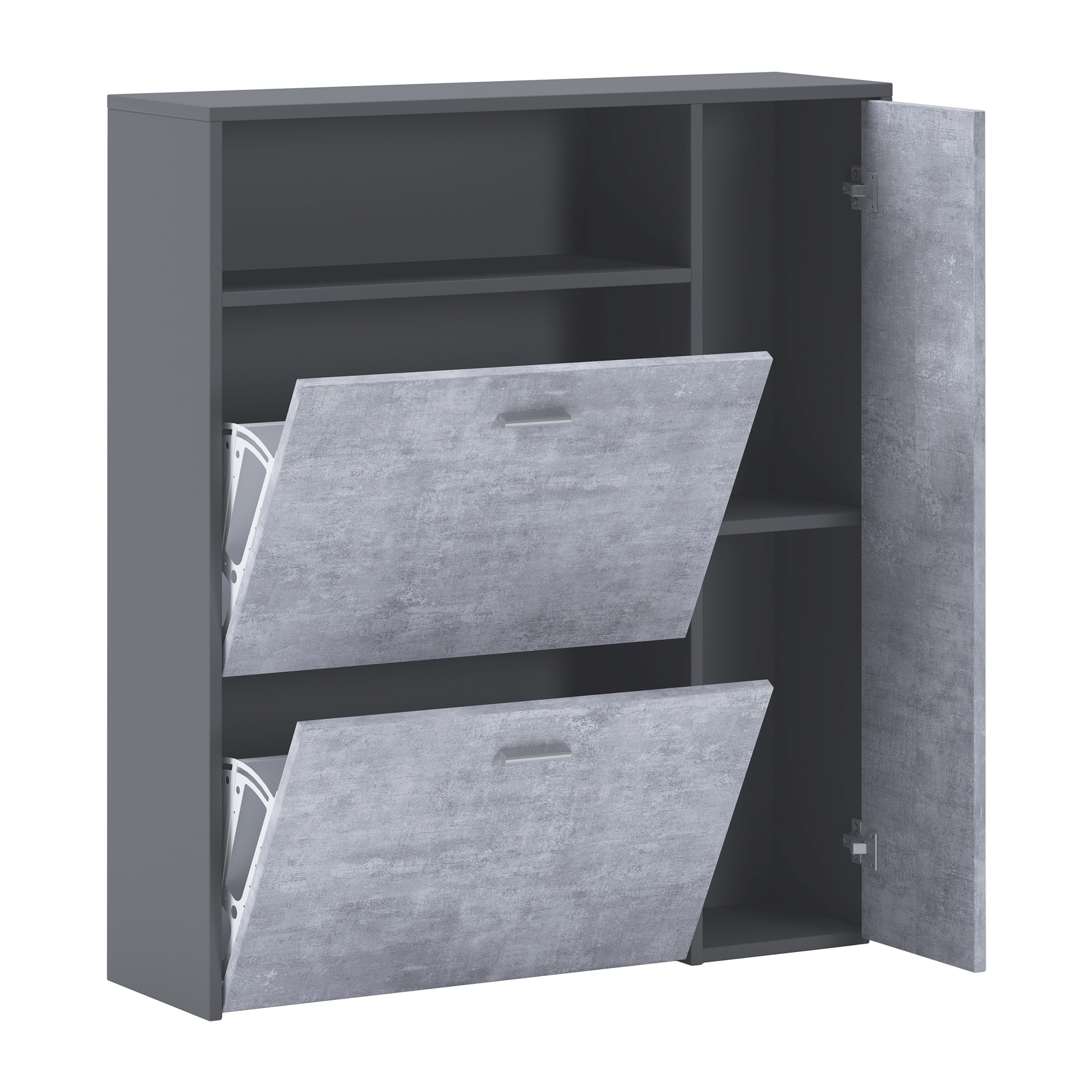 Scarpiera Mobile Portascarpe Salvaspazio Ingresso Con 2 Ribalte Doppia Profondità 4 Vani A Giorno Design Moderno 91.5x94x26.6 Cm Grigio E Cemento