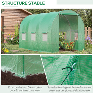 Serre de jardin tunnel surface sol 6 m² 3L x 2l x 2H m châssis tubulaire renforcé porte zippée 6 fenêtres enroulables vert