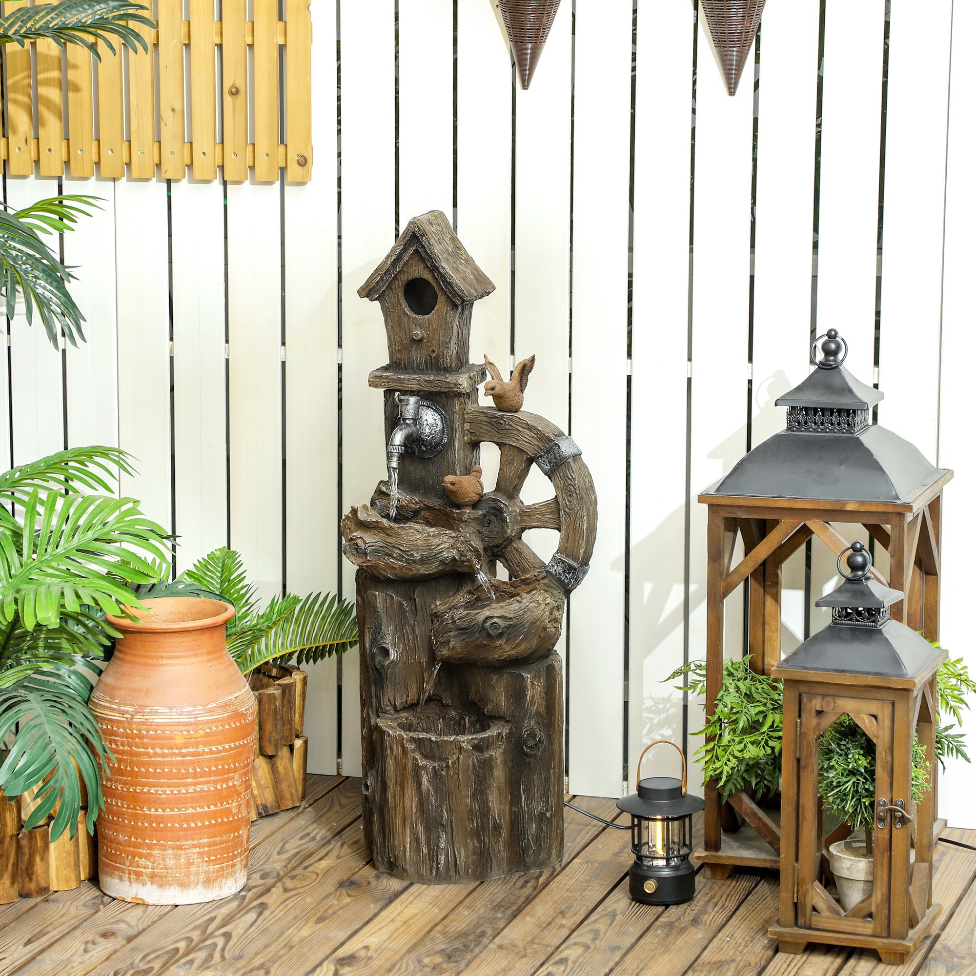 Fuente de Agua 2 en 1 con Casita para Pájaros Fuente de Jardín con Iluminación LED Fuente Decorativa en Cascada de 4 Niveles para Jardín Patio Terraza 34,5x29,5x92 cm Multicolor