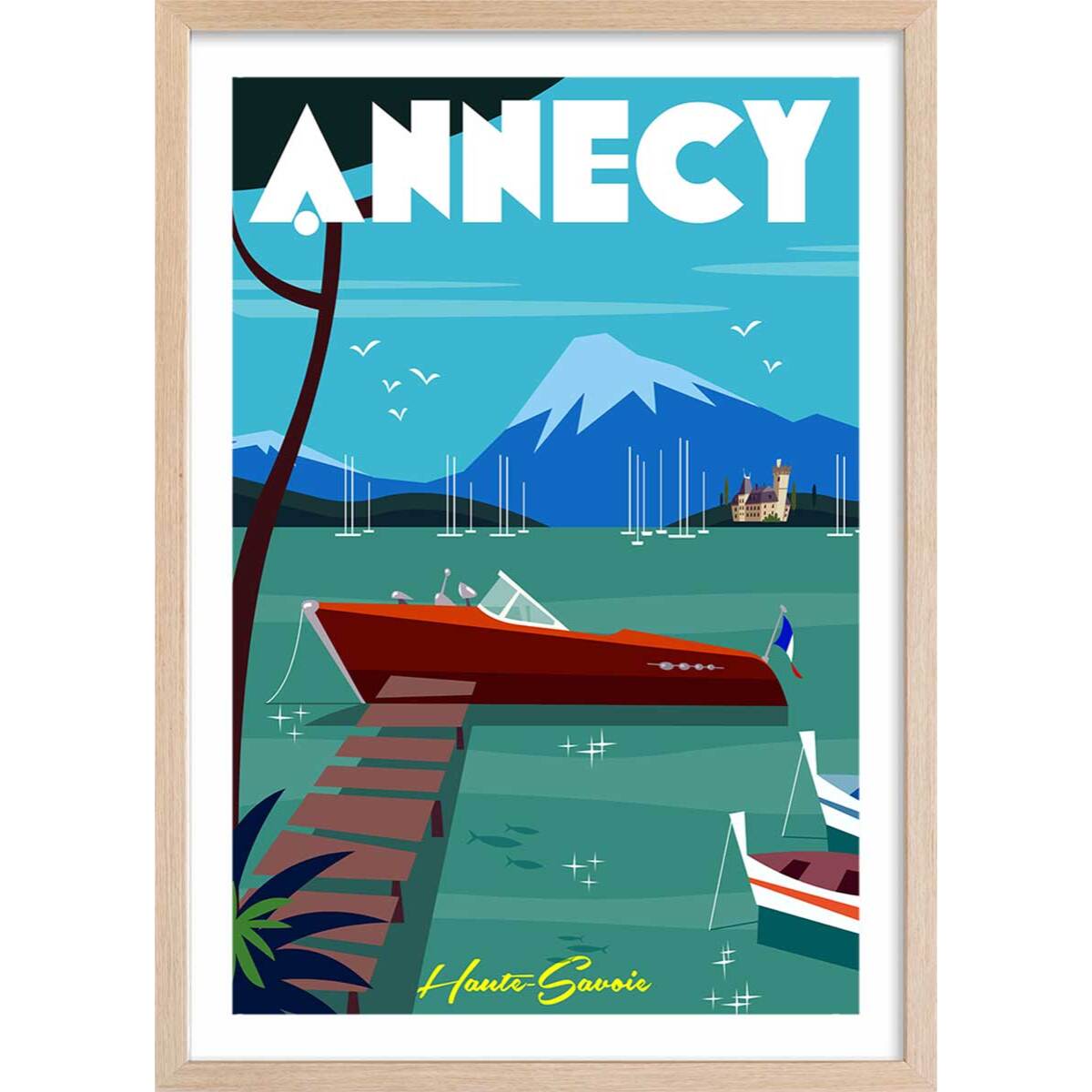 Poster de château et lac d' annecy Affiche + cadre en bois - Chêne