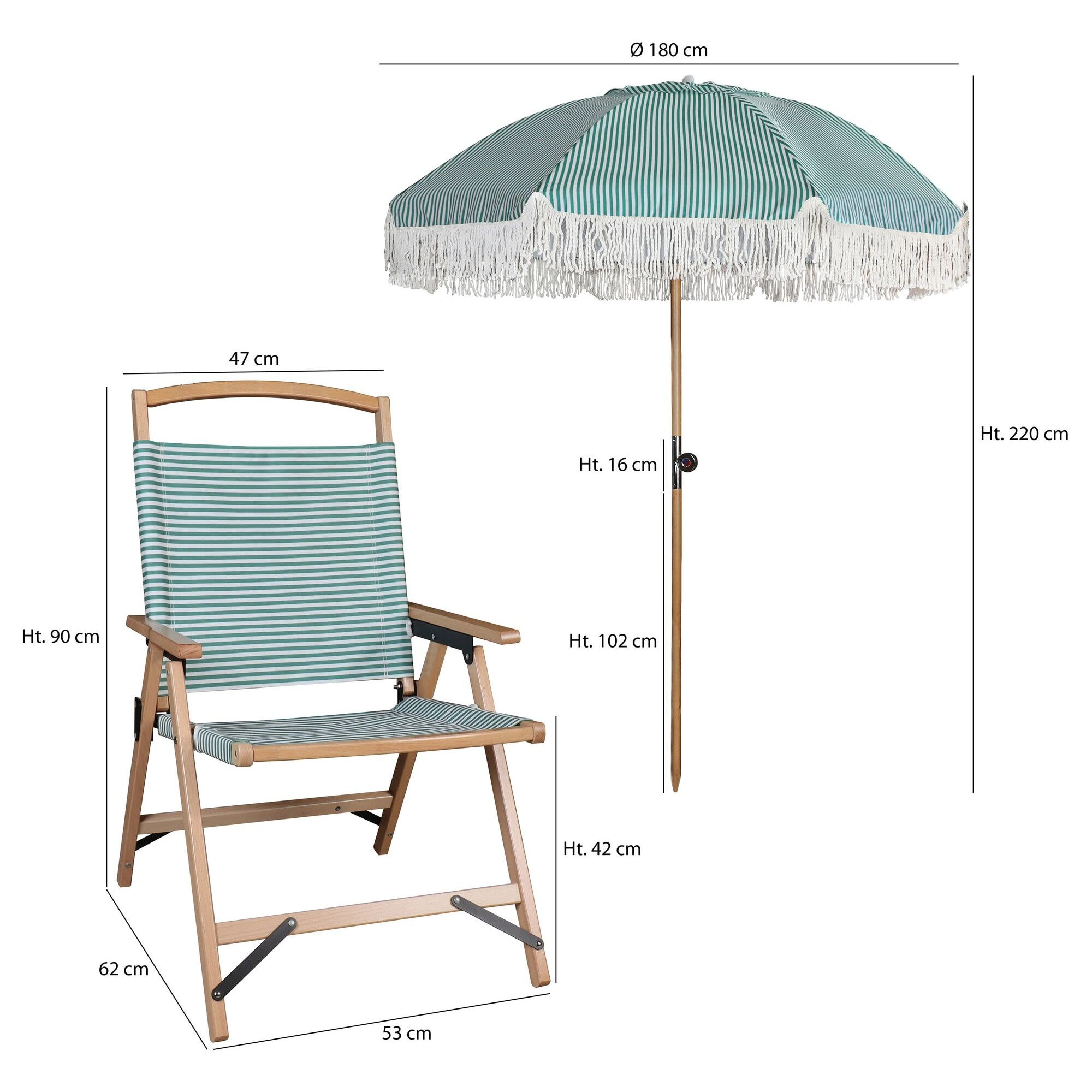 Lot de 2 chaises de plage vertes et parasol assorti PLAYA