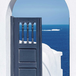 Poster porte bleue oia Affiche sous cadre bois