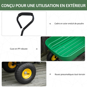 Chariot de jardin à main benne basculante 75° 125L charge max. 200 Kg 4 roues pneumatiques acier PP jaune vert