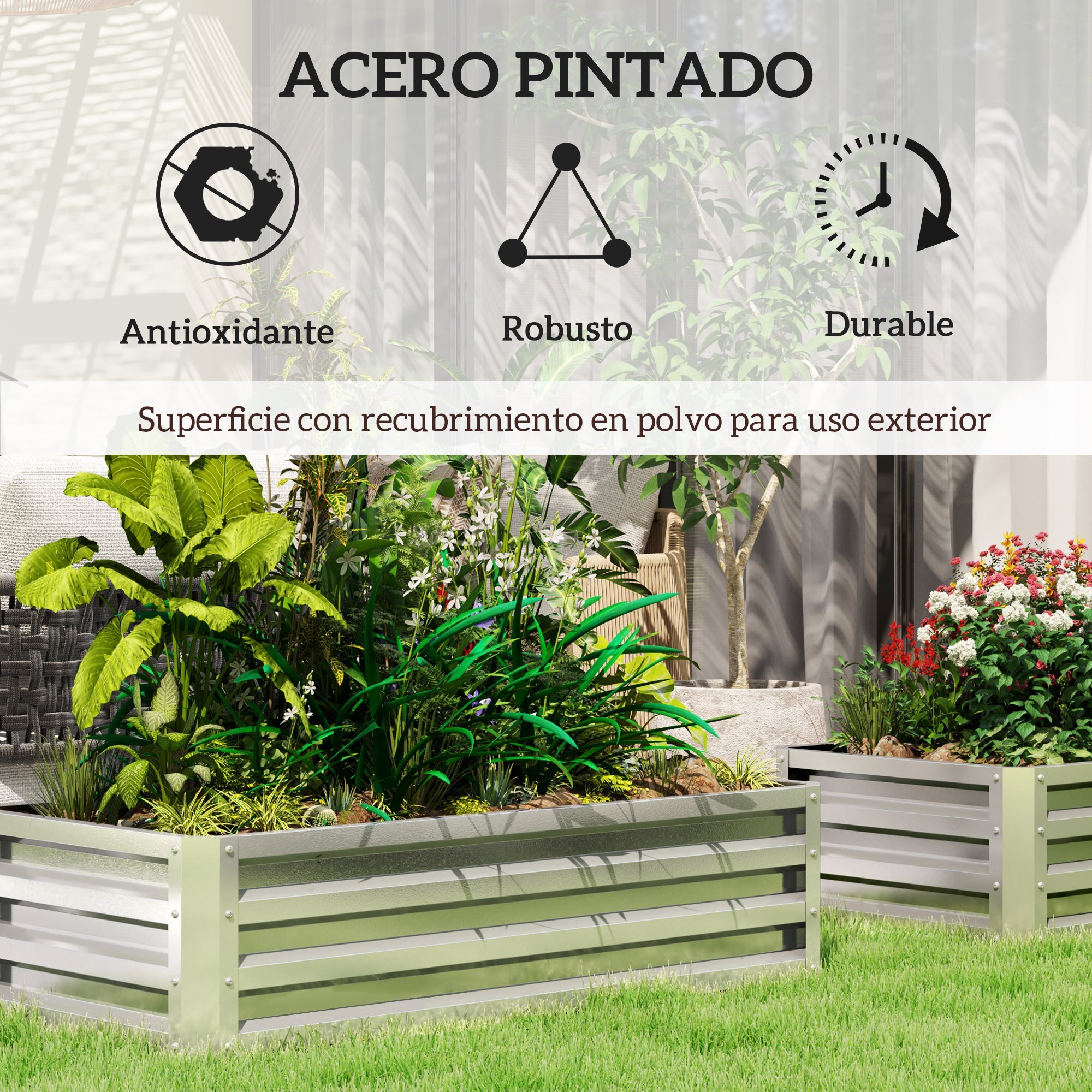 Jardinera Exterior Grande de Acero Galvanizado, Huerto Urbano Elevado para Cultivar Plantas, Flores, Hierba, Macetero Exterior Rectangular con Fondo Abierto, 120x60x30,5 cm, Plata