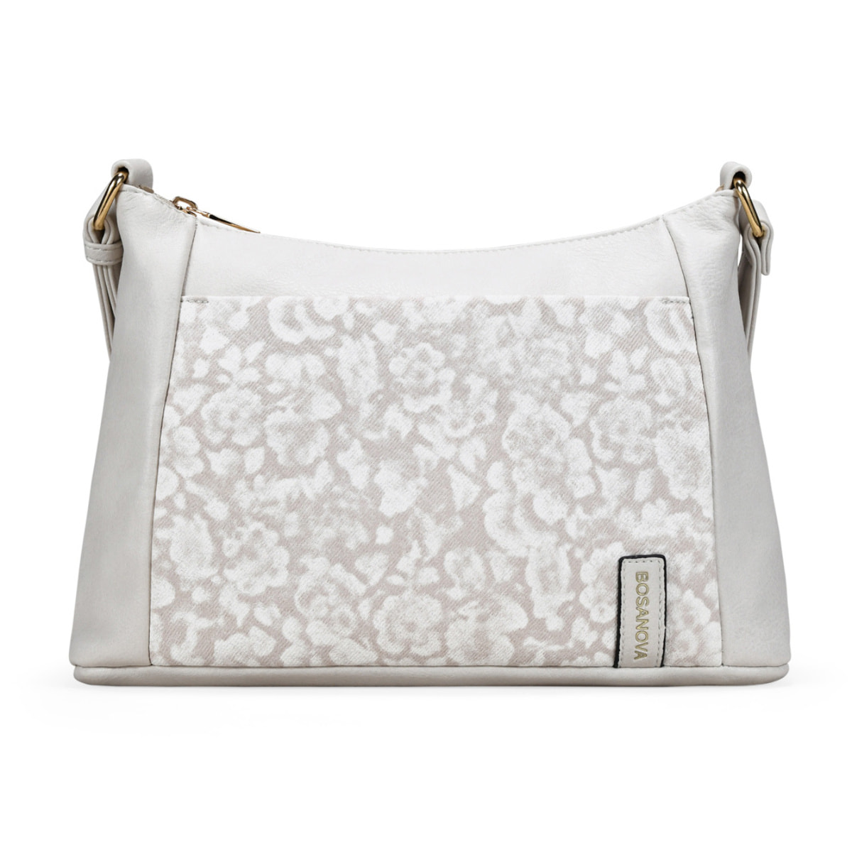 Bolso bandolera beige con bolsillo floral