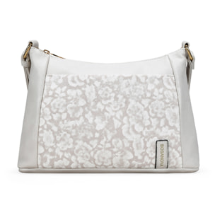 Bolso bandolera beige con bolsillo floral
