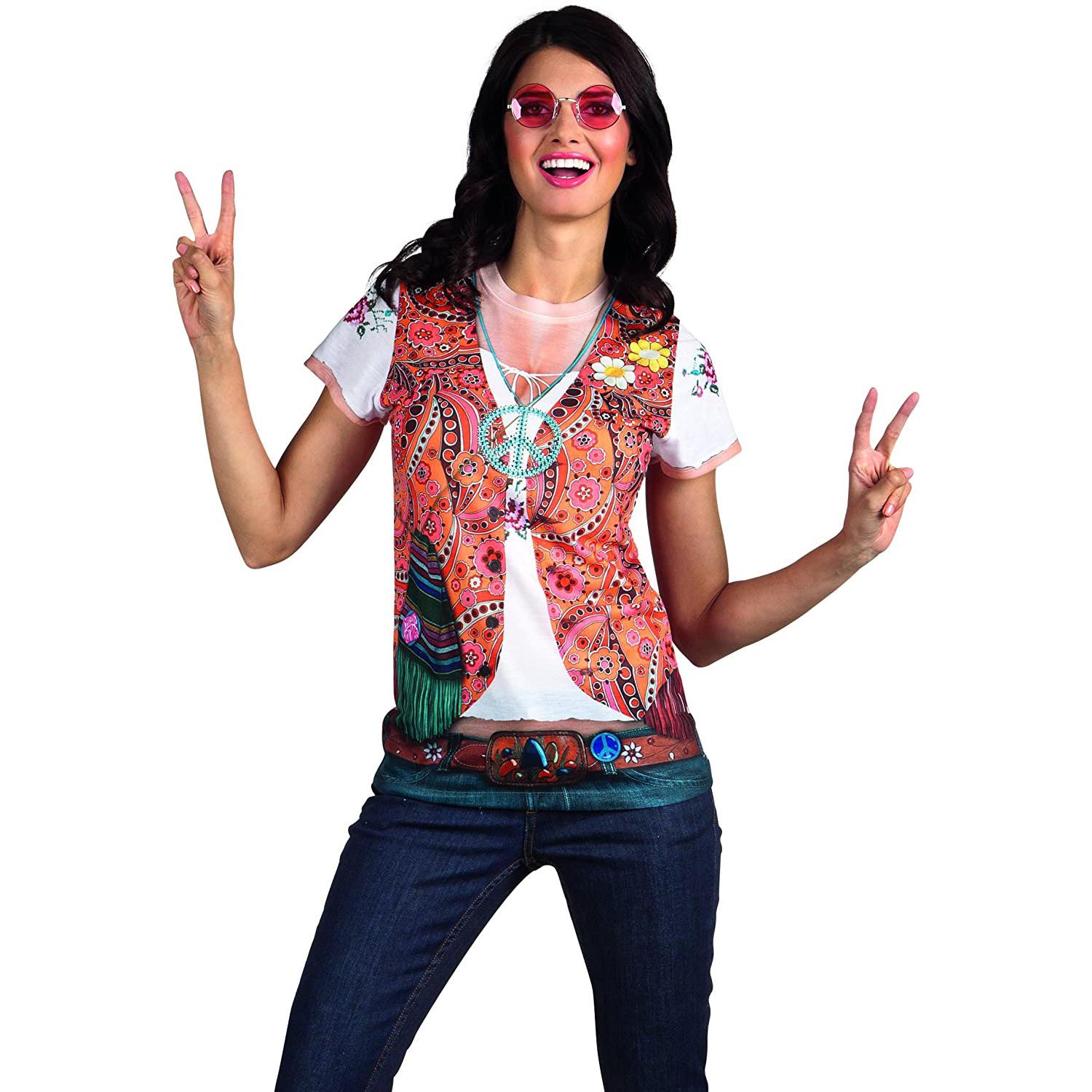 Costume Carnevale Maglia Fotorealistica Hippie Girl Donna Taglia M