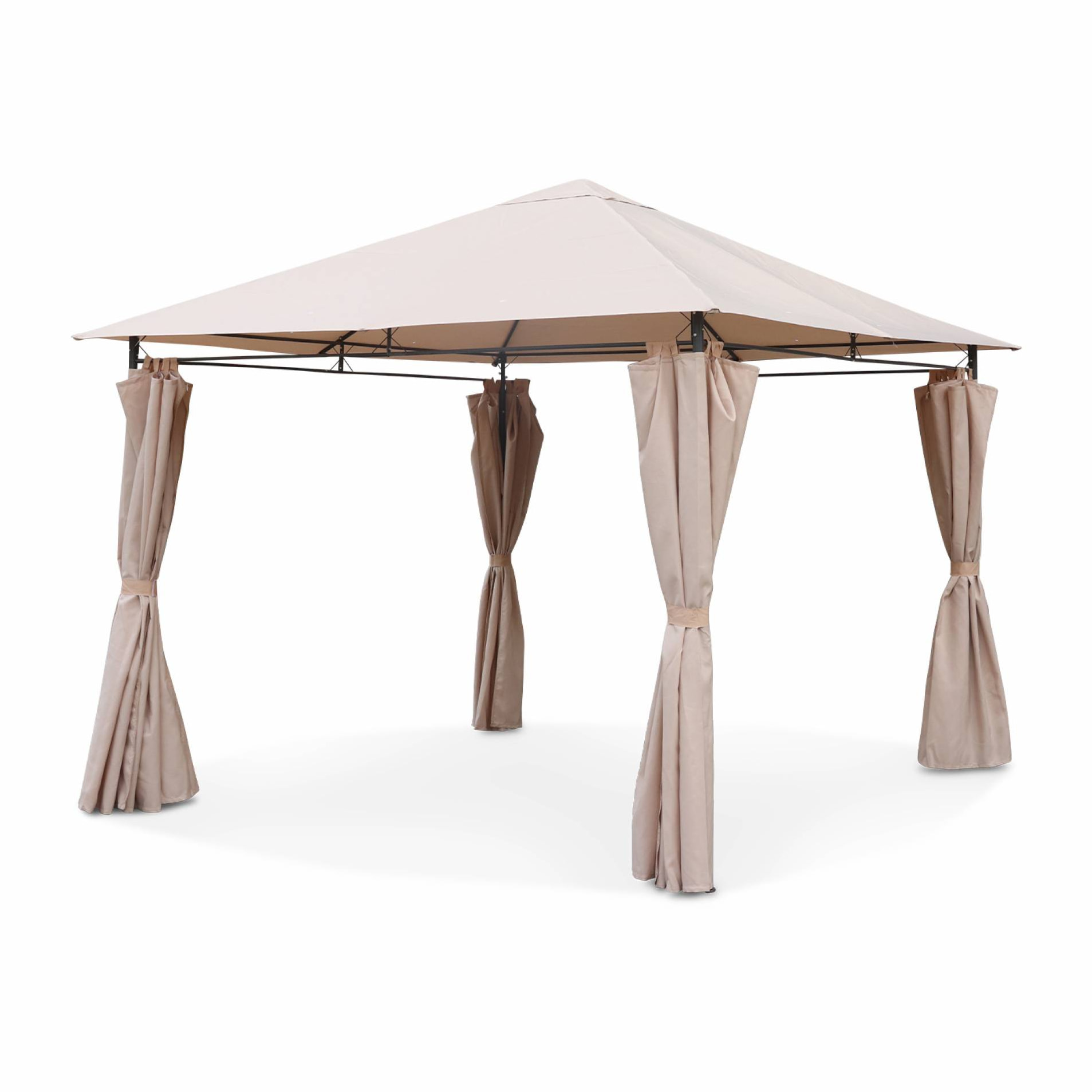 Tonnelle 3x3 m - Elusa - Toile beige - Pergola avec rideaux. tente de jardin. barnum. chapiteau. réception