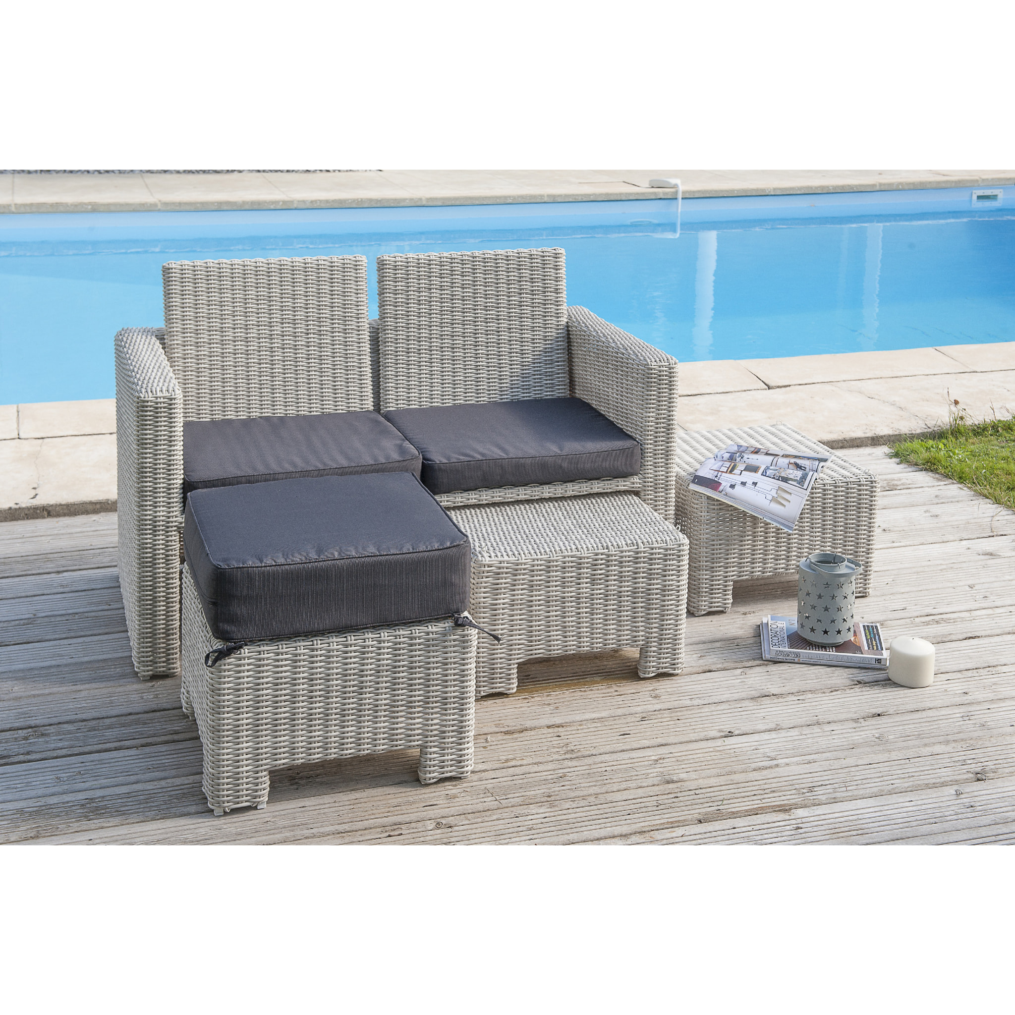OCEANE - Ensemble repas de jardin encastrable 8 places en résine tressée crème