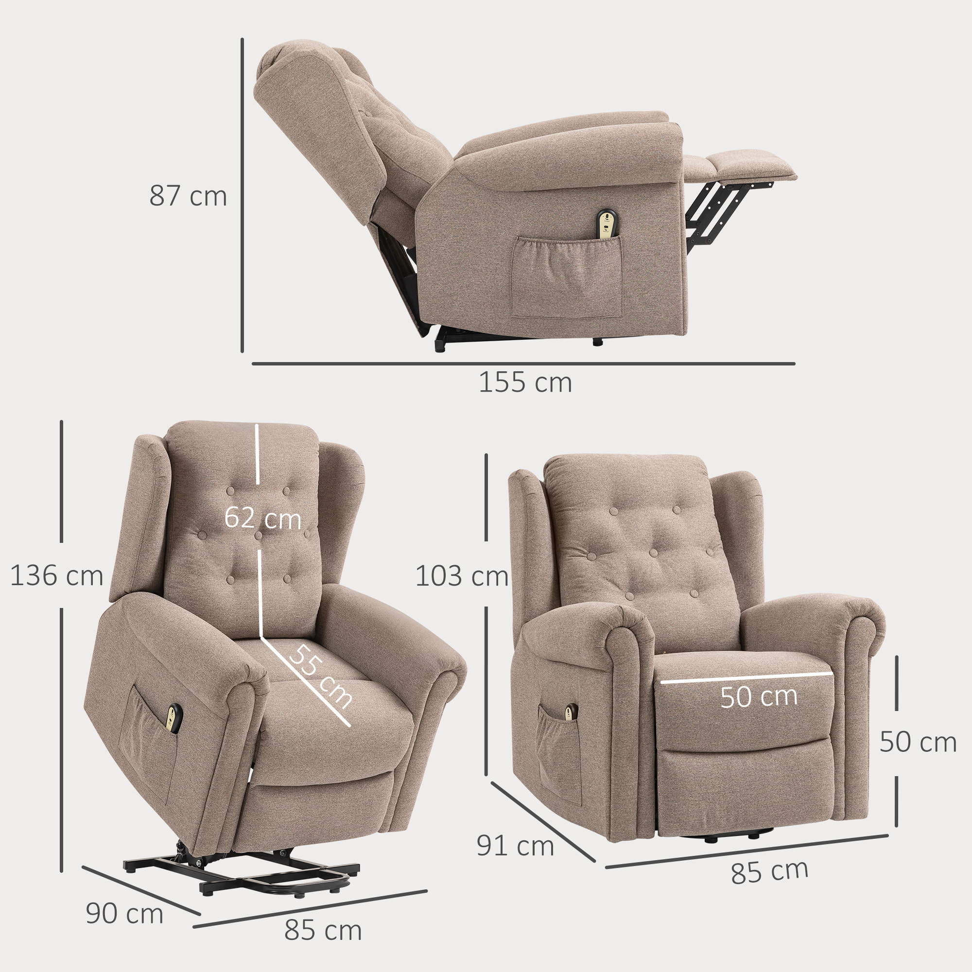 Sillón Relax Reclinable Eléctrico Levanta Personas Sillón Elevador con Respaldo Alto Capitoné Control Remoto Tapizado en Lino y Bolsillos Laterales Marrón Claro