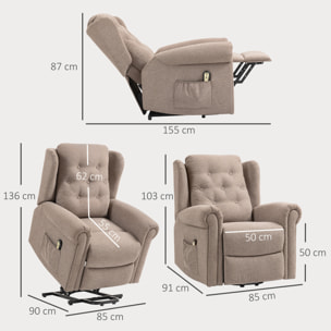 Sillón Relax Reclinable Eléctrico Levanta Personas Sillón Elevador con Respaldo Alto Capitoné Control Remoto Tapizado en Lino y Bolsillos Laterales Marrón Claro
