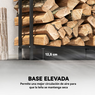 Estante de Leña Metálico, 199x30x121 cm, Leñero Exterior con Marco de Acero, Patas Extra Reforzadas y Diseño Recortado de Fogata, Soporte para Leña de Chimenea, Carga 300 kg, para Jardín