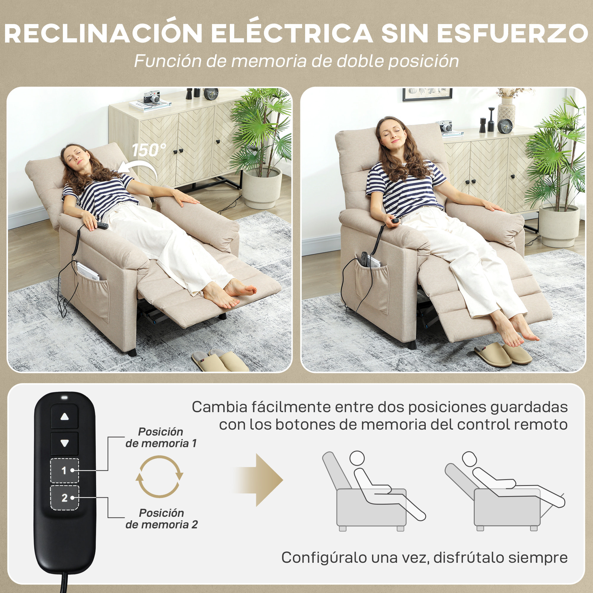 Sillón Relax Reclinable Eléctrico, con Calor Lumbar y Masaje Vibración, Sillón Masaje Relax, Motor Silencioso, Función de Memoria, Bolsillos, Control Remoto con USB, Tejido Pet-friendly, Beige