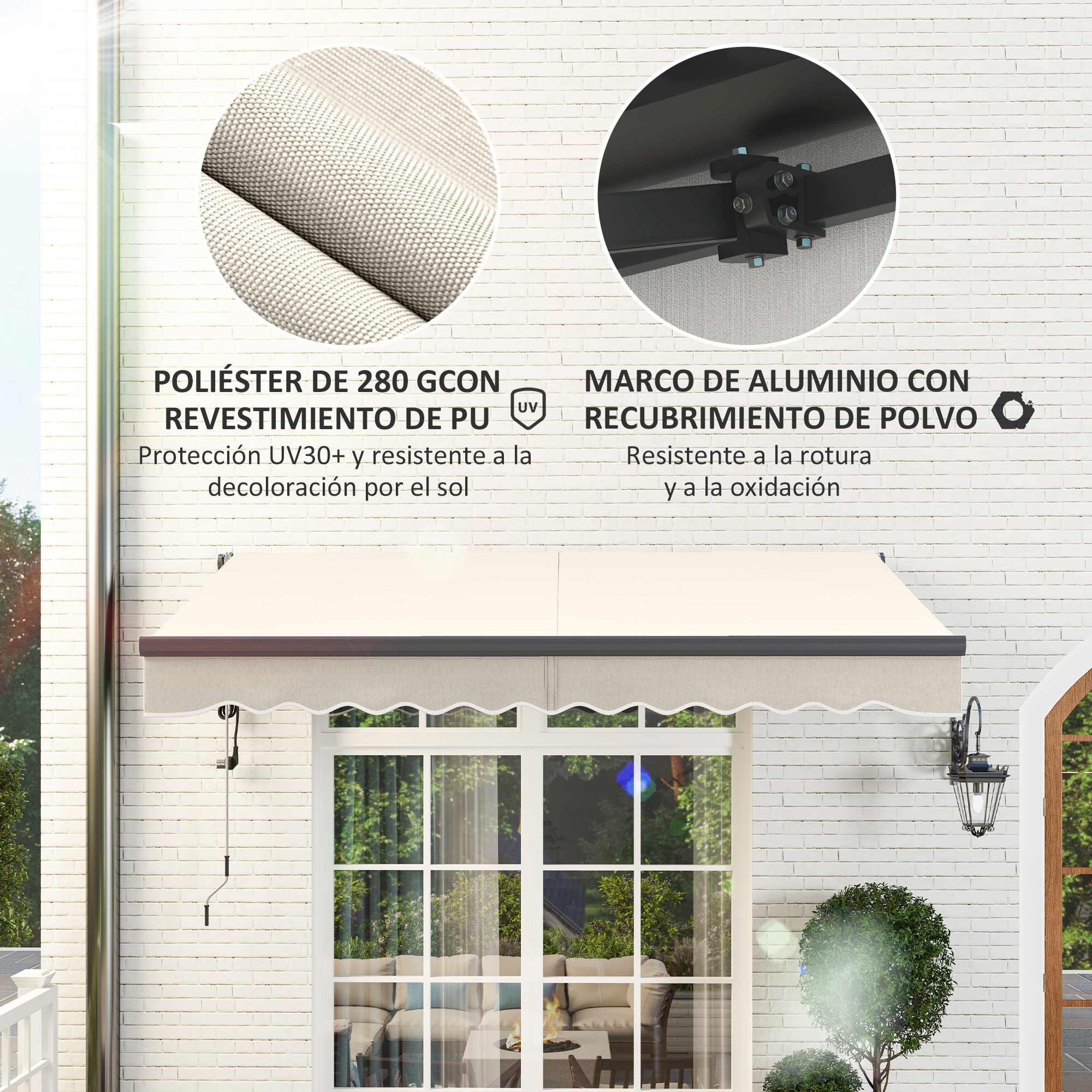 Toldo Eléctrico Retráctil y Manual con Mando a Distancia 3x2,5 m Toldo de Exterior Terraza Enrollable con Manivela Marco de Aluminio y Protección UV30+ para Jardín Puerta Ventana Crema
