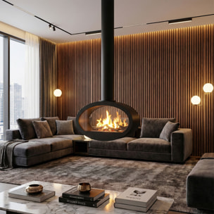 Nerone - Camino a Bioetanolo da Soffitto Sospeso Bifacciale 65x220x40 cm con Bruciatore 2,2 Litri Nero