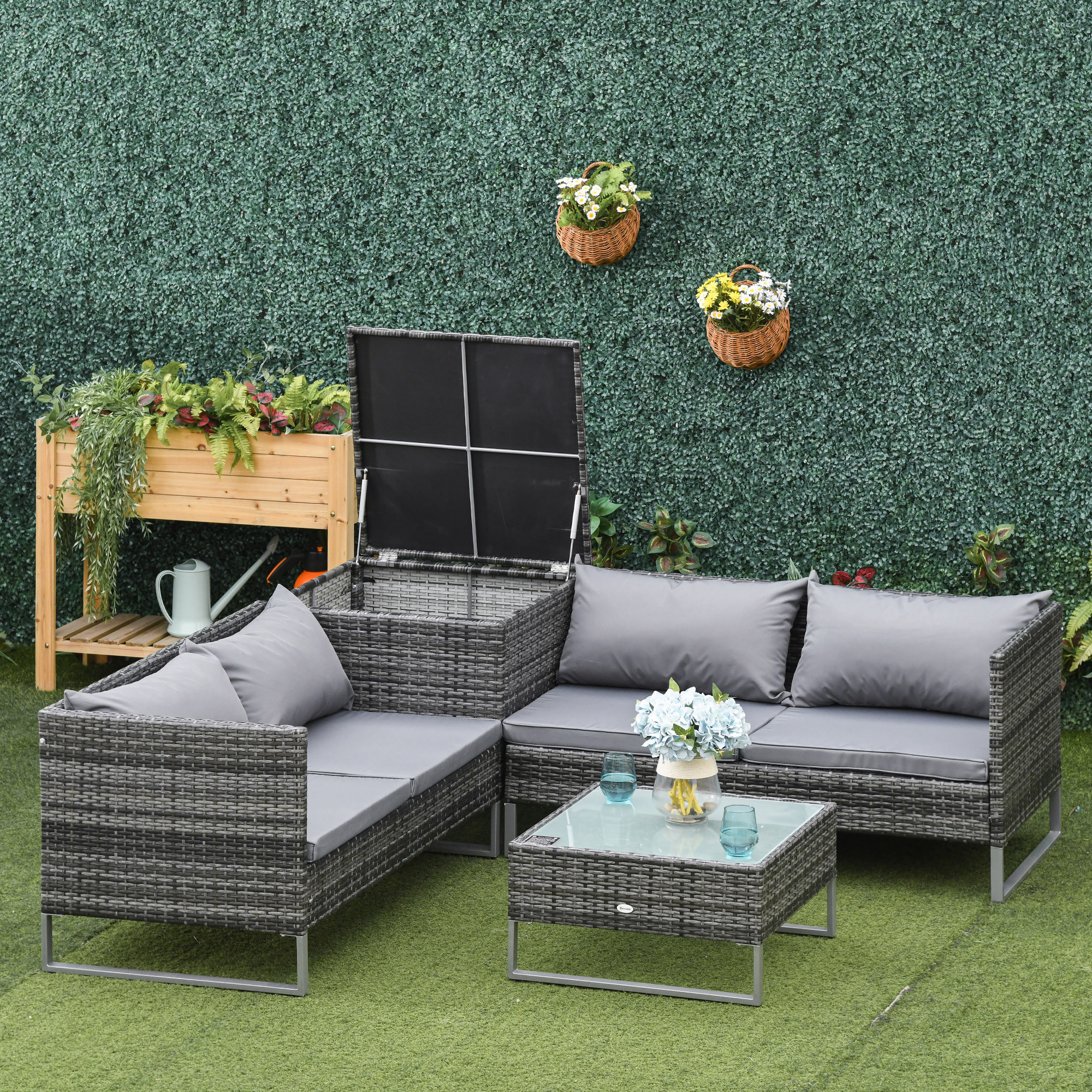 Conjunto de Muebles de Jardín de Ratán 4 Piezas con 2 Sofás Dobles Mesa de Centro Mesa con Arcón Cojines Extraíbles para Terraza Patio Exterior 132x69x64 cm Gris