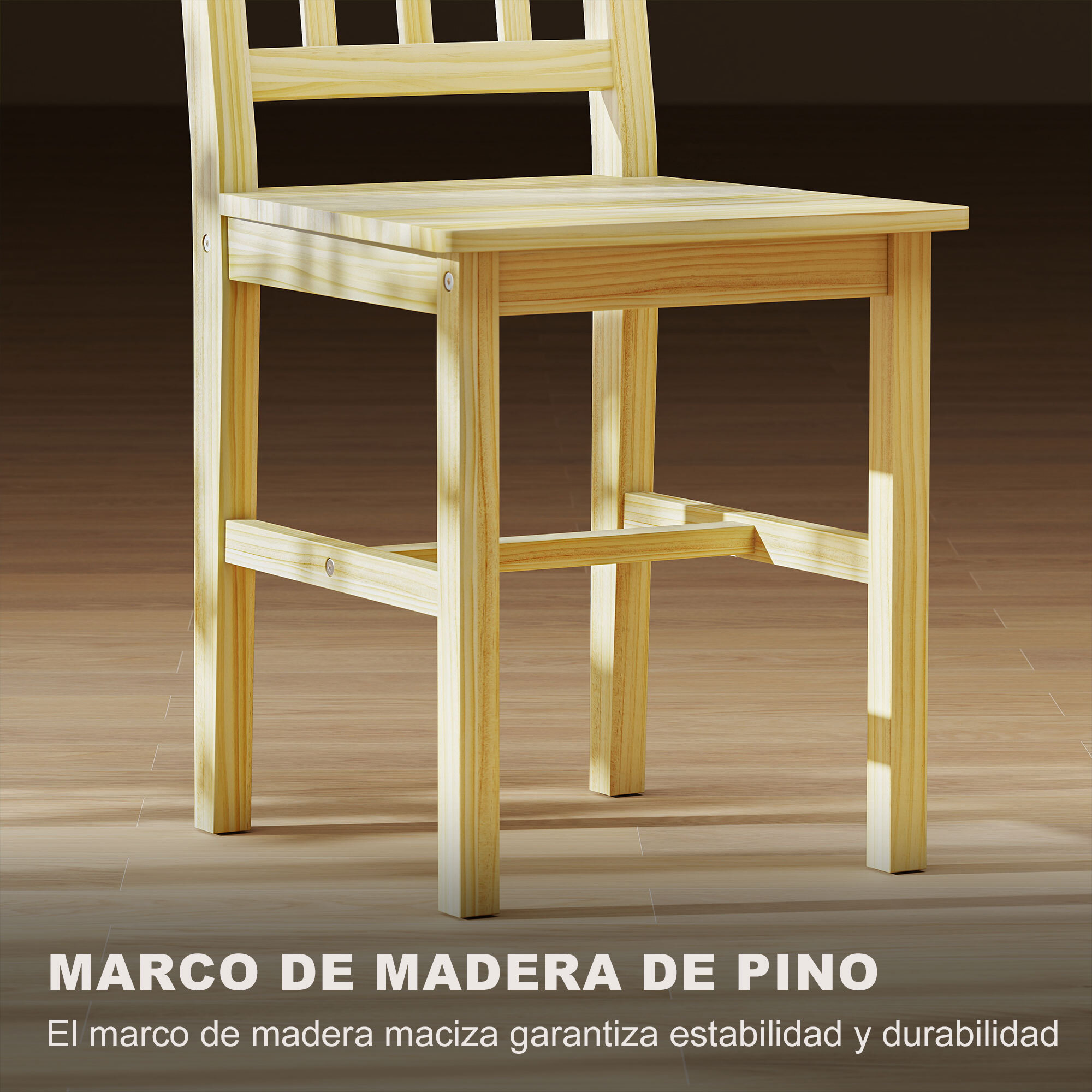 Juego de 2 Sillas de Comedor de Madera Maciza de Pino, Sillas de Cocina con Respaldo de Listones, Asiento Amplio, para Salón, Madera Natural