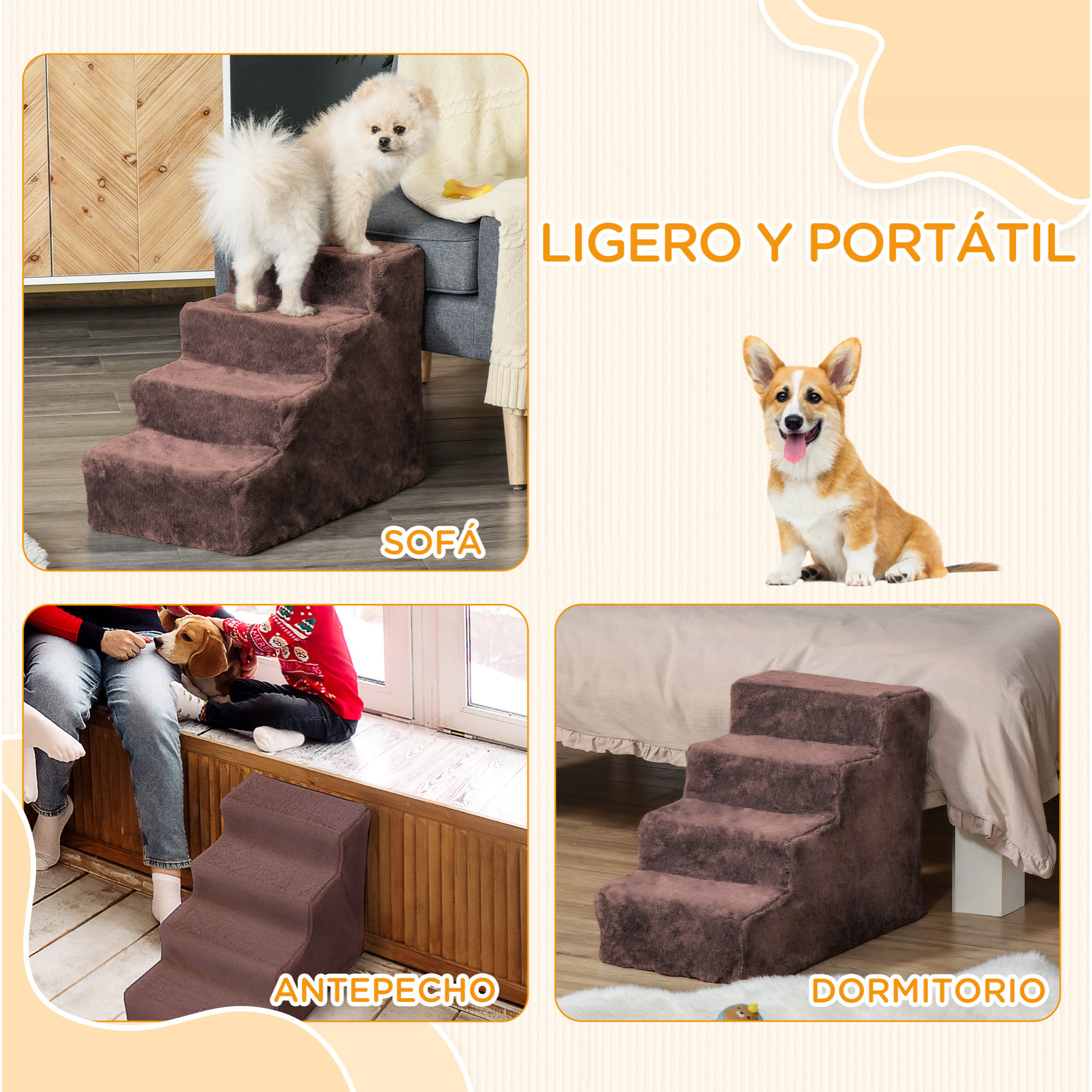 Escalera para Perros de 4 Peldaños Escalera para Mascotas con Funda Extraíble y Lavable para Cama Sofá 60x35x44 cm Marrón