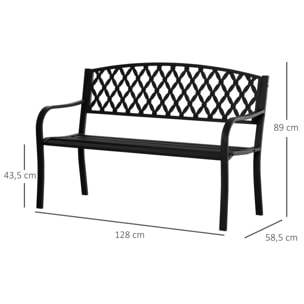 Banco de Jardín de 2 Plazas con Respaldo Decorativo y Reposabrazos para Terraza Balcón Patio Exterior Carga 240 kg Hierro Fundido y Acero 128x58,5x89 cm Negro