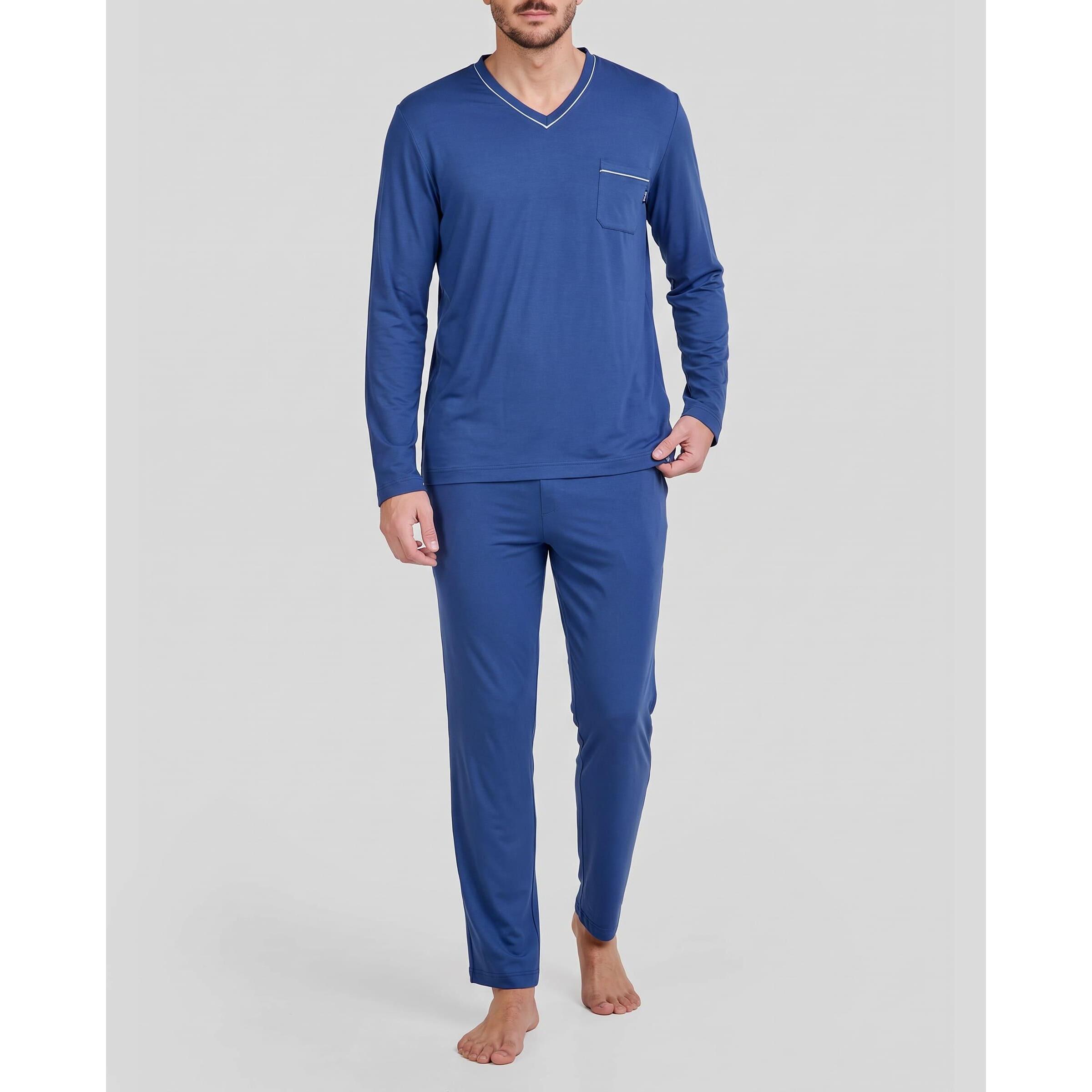 Pijama hombre suave tejido, escote en pico, manga larga y pantalón largo con bolsillos laterales