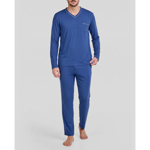 Pijama hombre suave tejido, escote en pico, manga larga y pantalón largo con bolsillos laterales