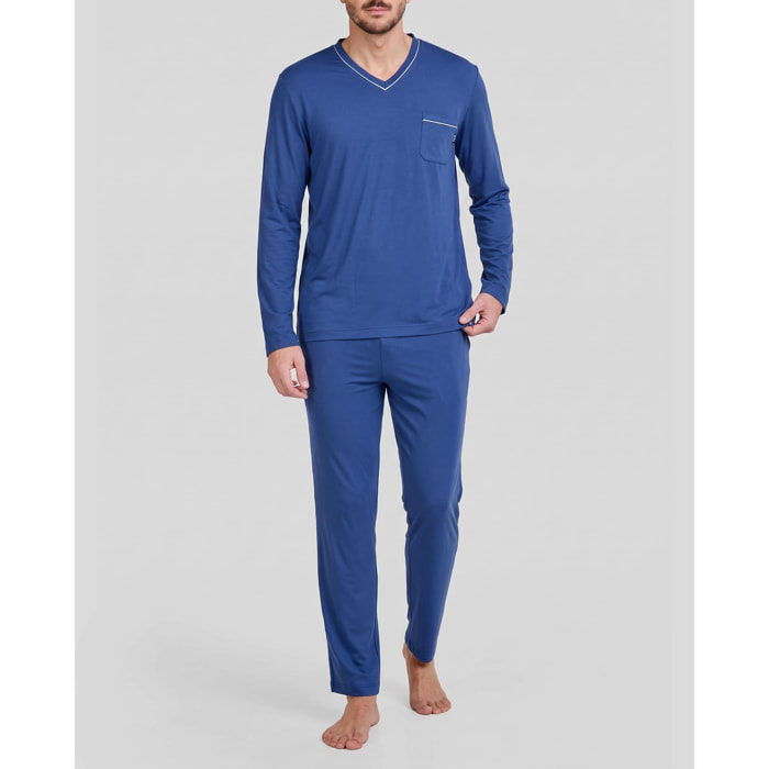 Pijama hombre suave tejido, escote en pico, manga larga y pantalón largo con bolsillos laterales