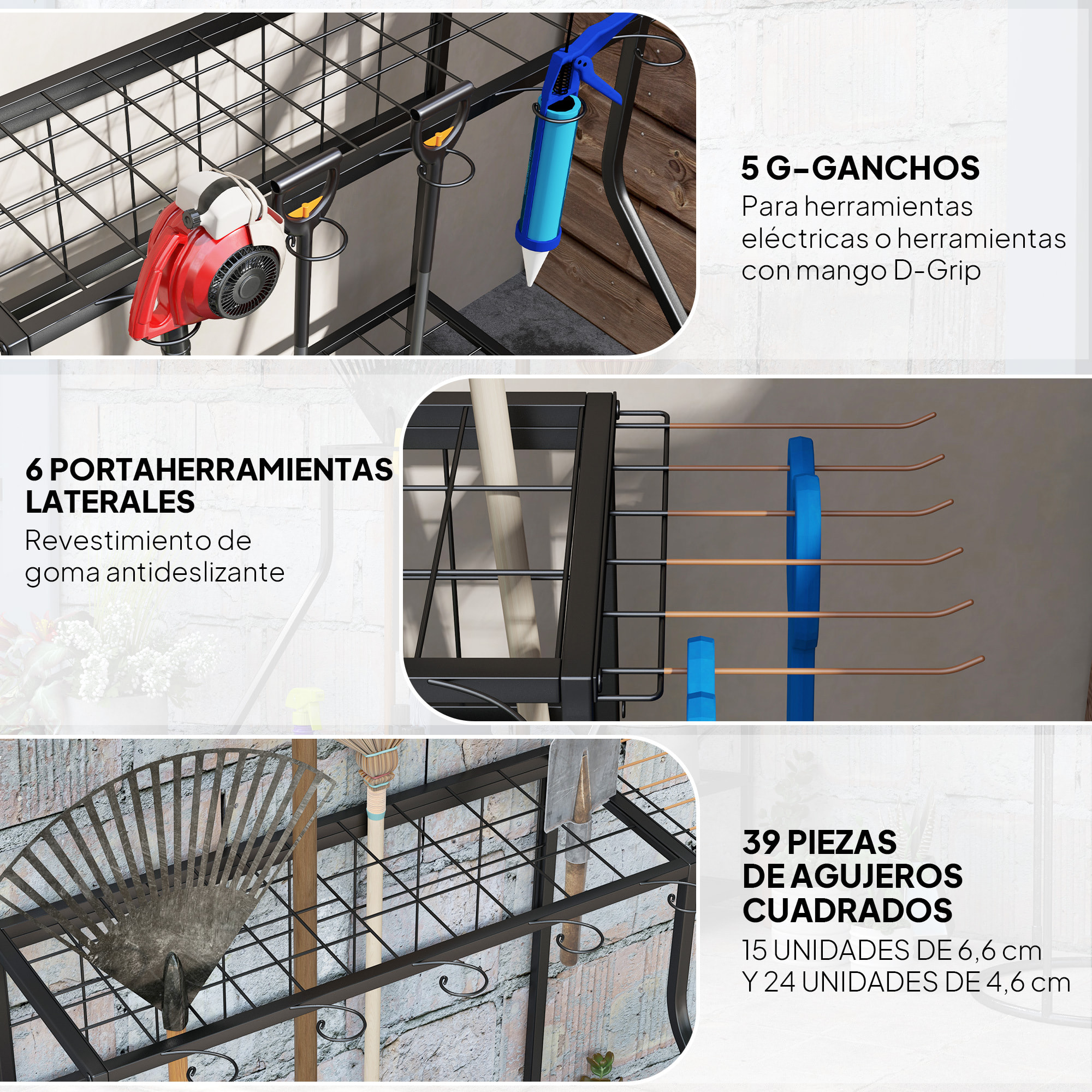 Organizador de Herramientas de Jardín, Estantería de Almacenamiento de 3 Niveles para Garaje con Ganchos, para Palas, Rastrillos, Escobas, Soporte de Metal