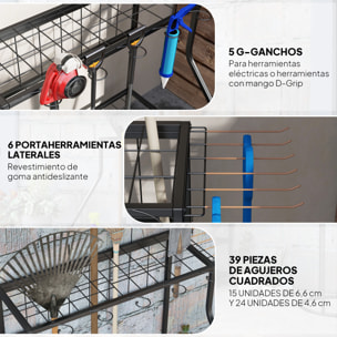 Organizador de Herramientas de Jardín, Estantería de Almacenamiento de 3 Niveles para Garaje con Ganchos, para Palas, Rastrillos, Escobas, Soporte de Metal