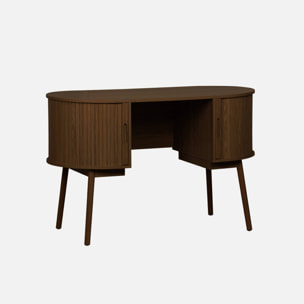 Bureau ovale décor bois rainuré avec deux espaces de rangement. L 120 x P 55 x H 77 cm