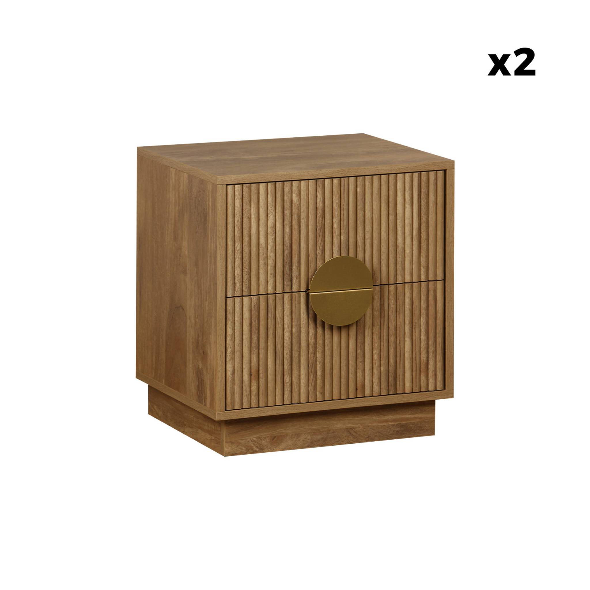 Lot de 2 tables de chevet 2 tiroirs effet bois de manguier rainuré. poignées en métal doré. L42 x P38 x H50cm