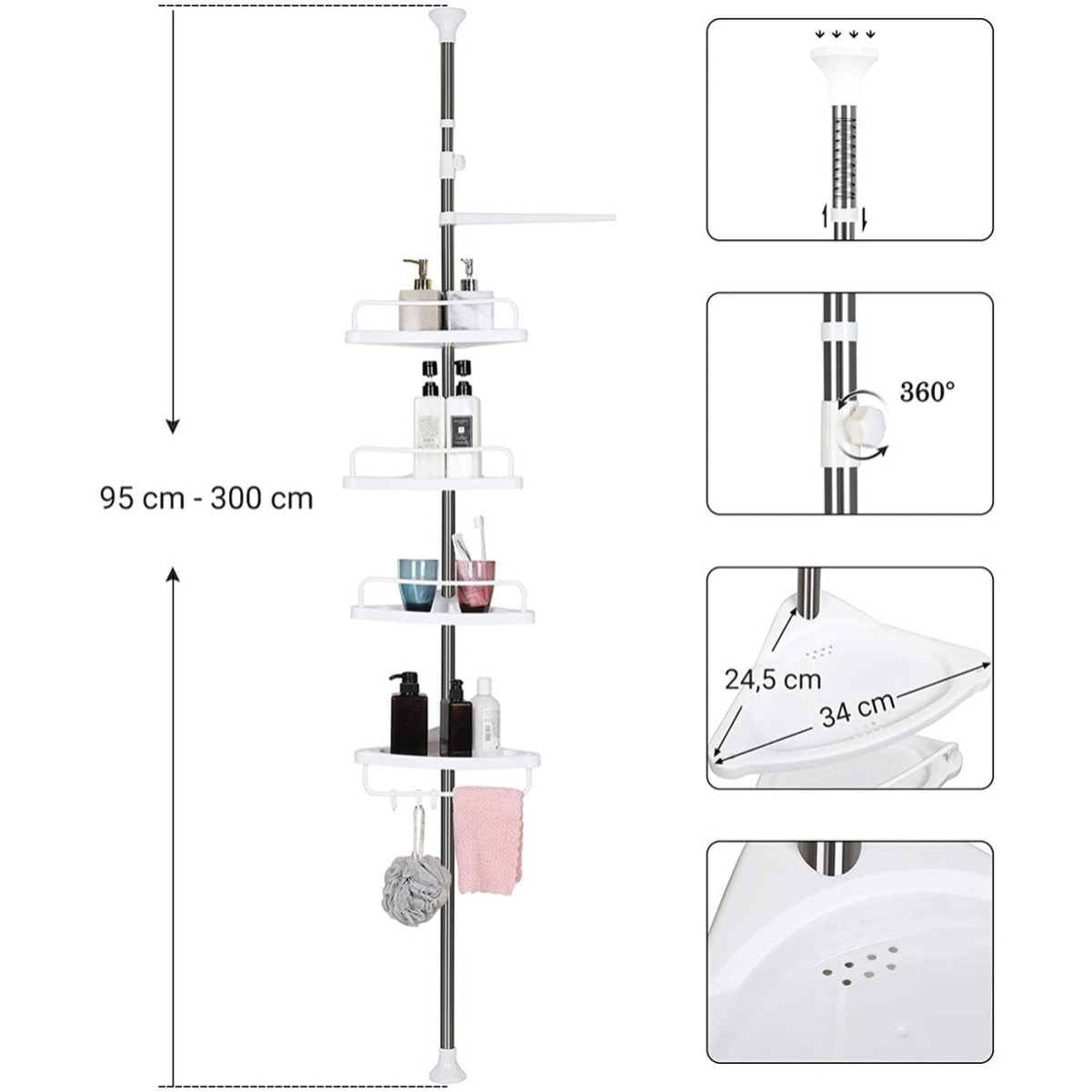 Colonna Portaoggetti Bagno Telescopica con 4 Ripiani - Bianco/Argento
