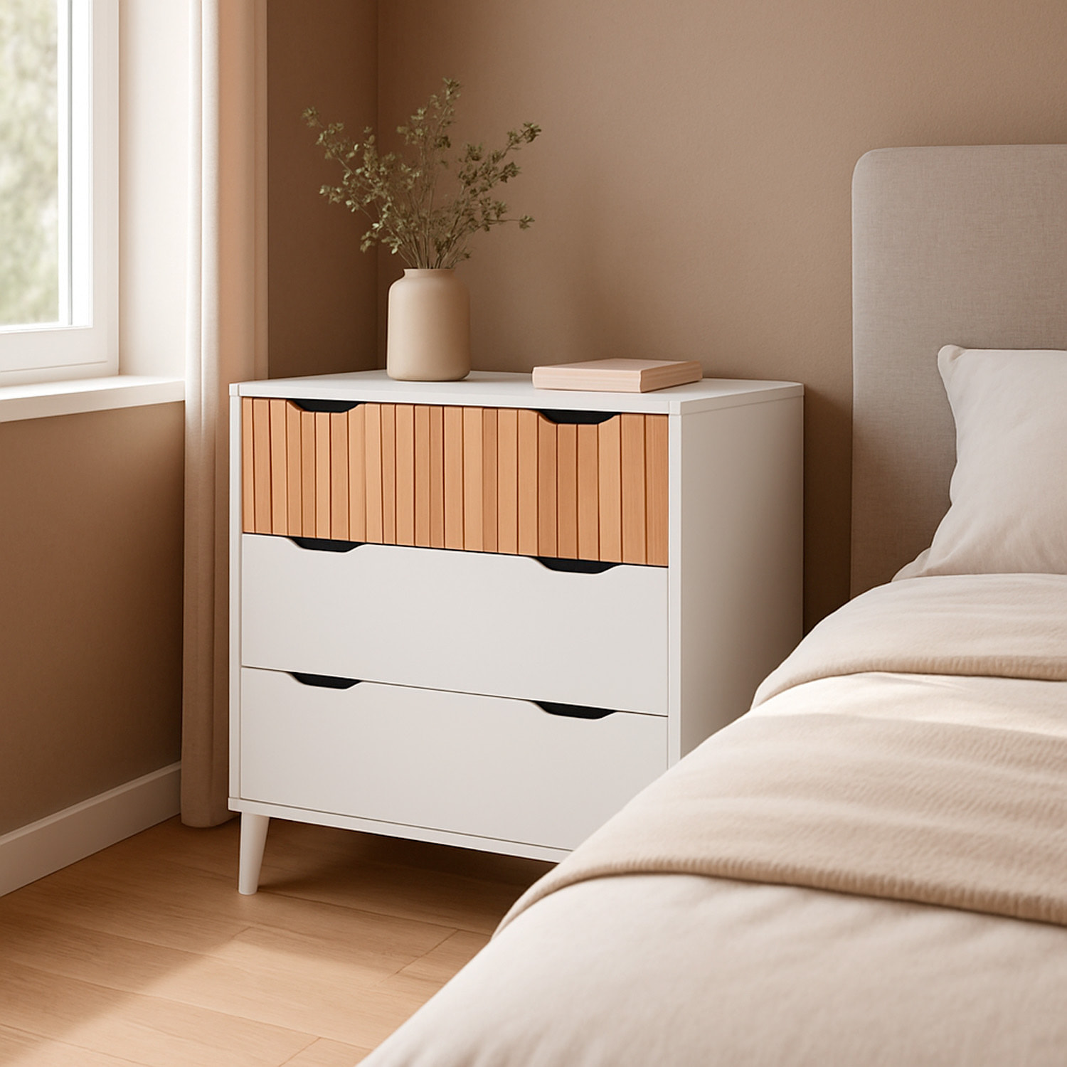 Cassettiera Stile Nordico Con 3 Cassetti Mobile Per Camera Da Letto Con Gambe Rialzate Mobile Design Scandinavo 70.5 x 76 x 40 Cm Bianco E Rovere